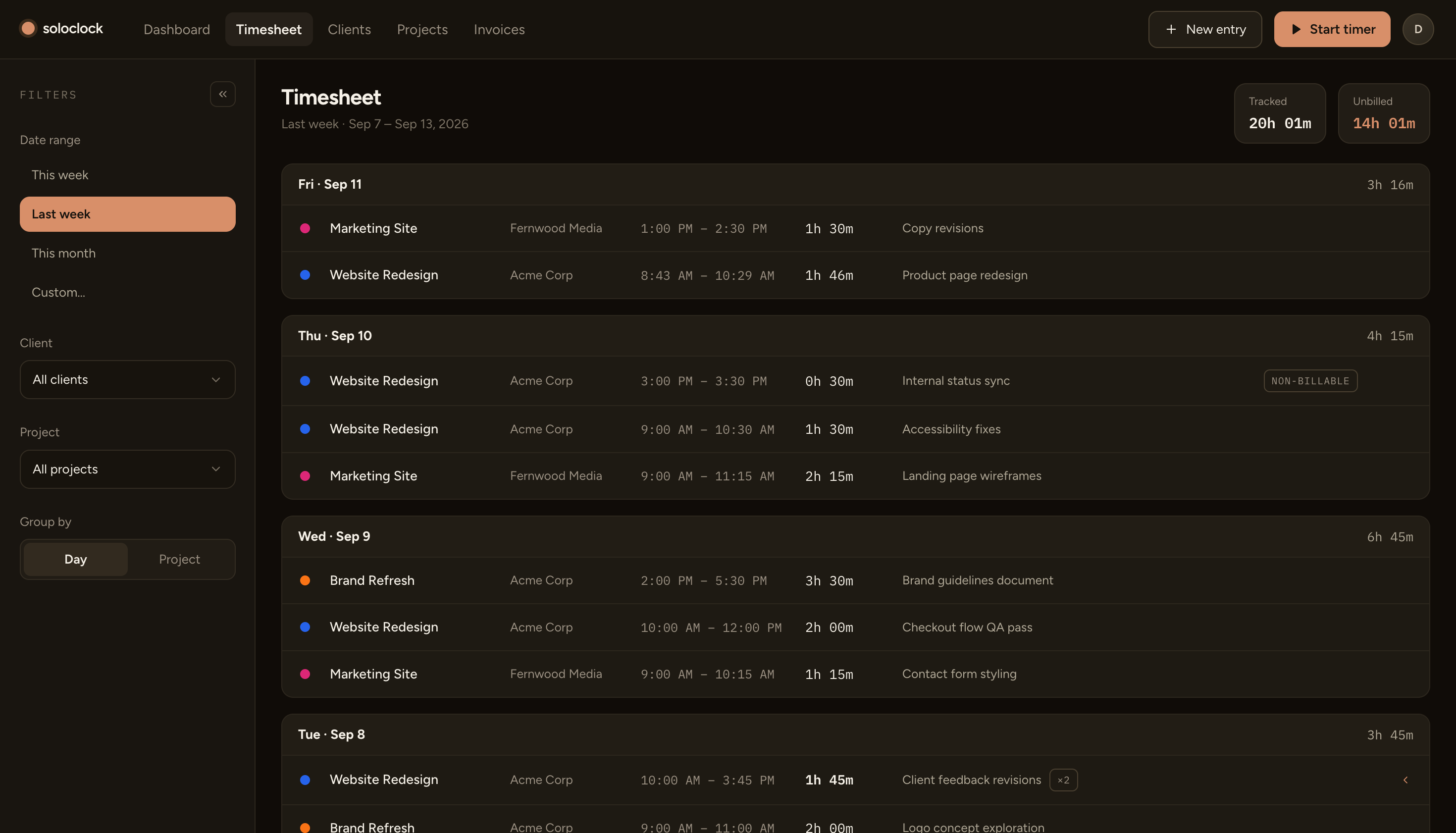 Soloclock timesheet and invoice view